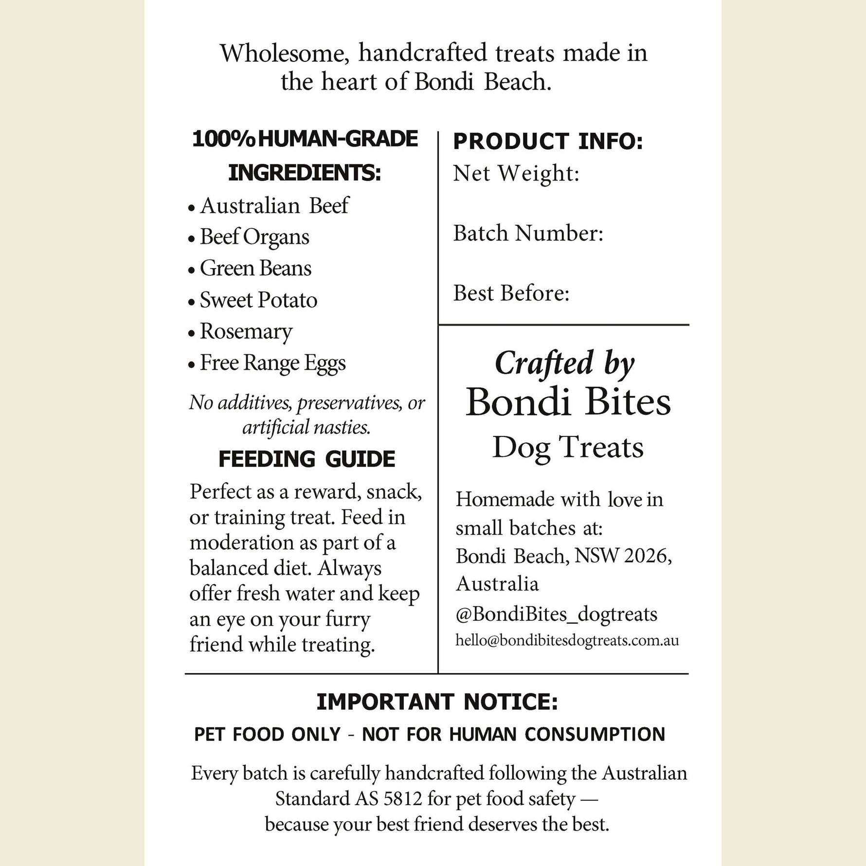 Back label of Bondi Bites beef dog treats