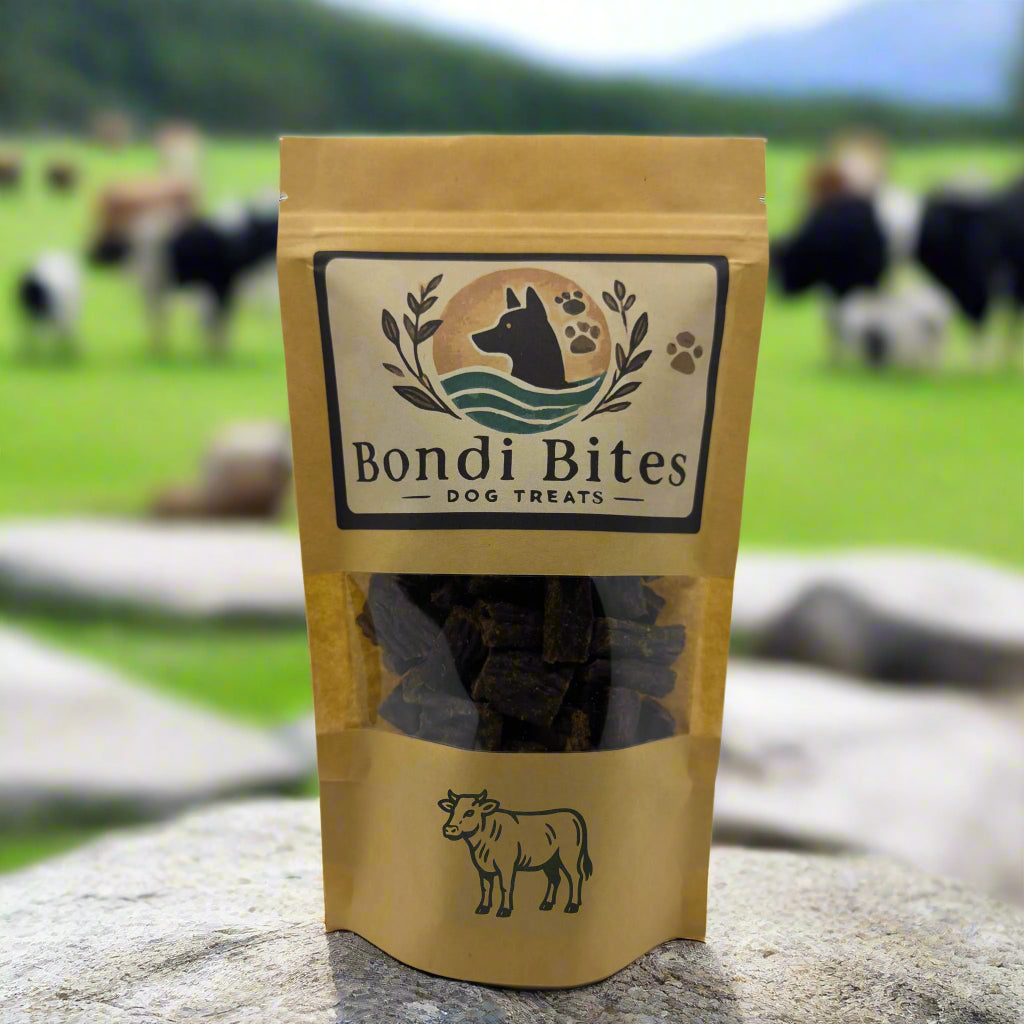Bondi Bites beef dog treats - front pouch photo