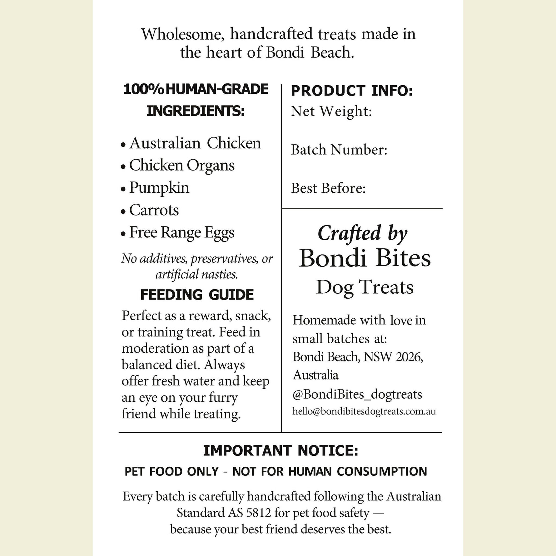 Back label of Bondi Bites chicken dog treats