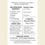 Back label of Bondi Bites lamb dog treats