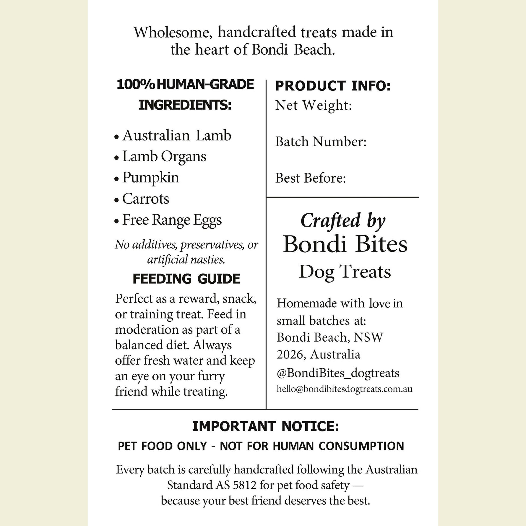 Back label of Bondi Bites lamb dog treats